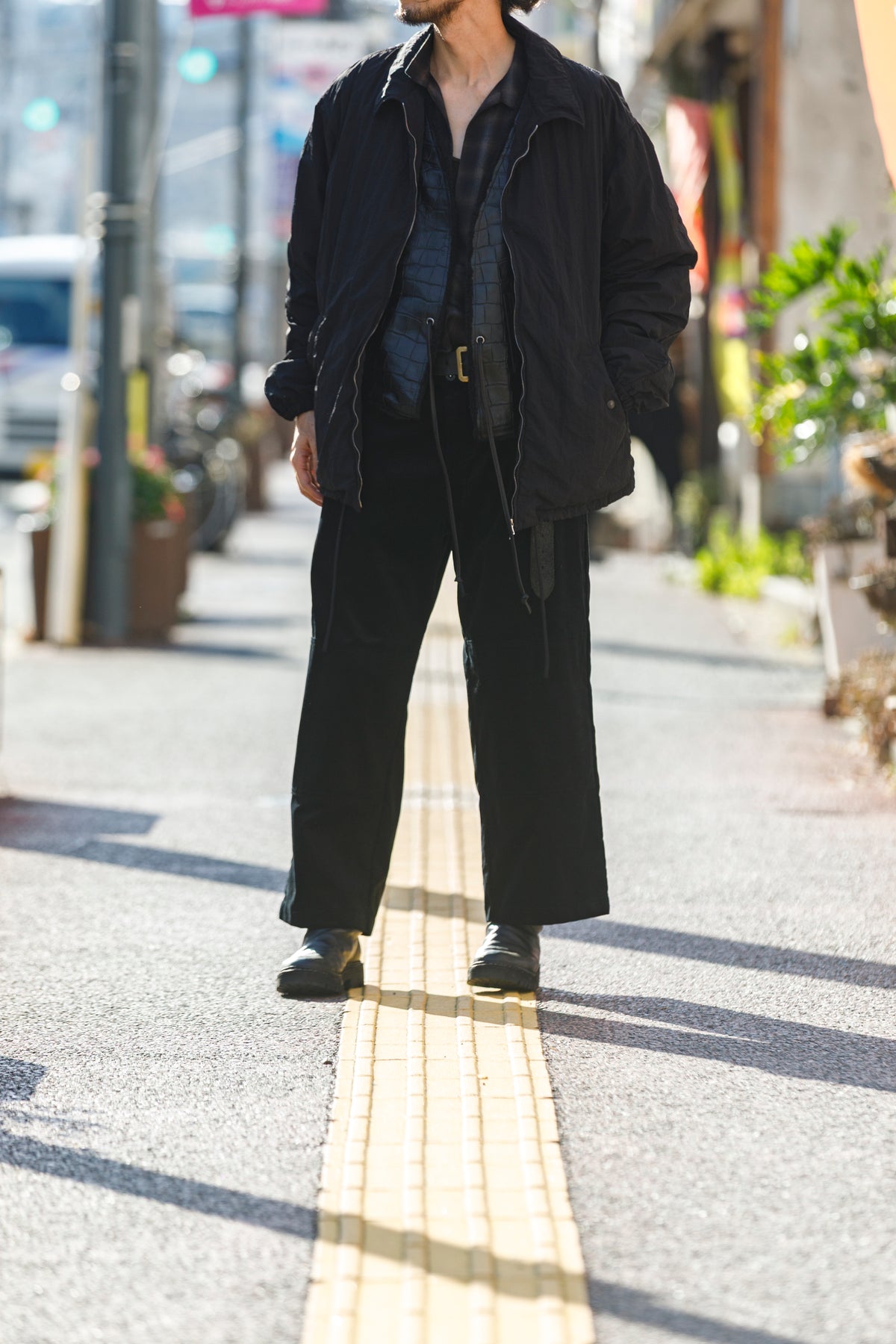 Willow Pants / P-033 COW LEATHER × FAKE MOUTON - Black