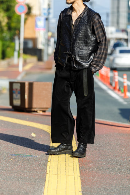Willow Pants / P-033 COW LEATHER × FAKE MOUTON - Black