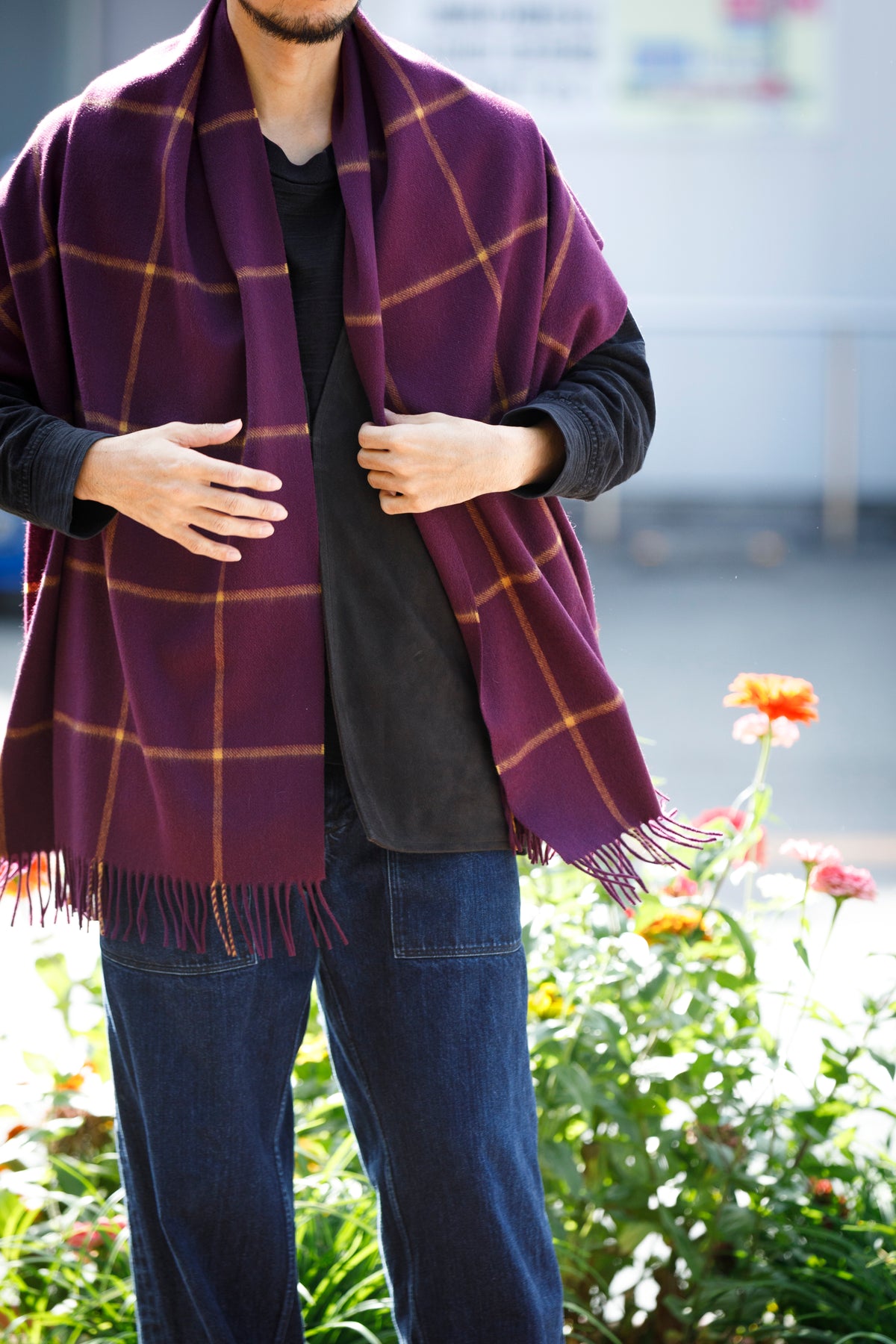 Joshua Ellis / Cashmere Window Pane Stole 70×190 - Plum / Gold(CPG 51224)
