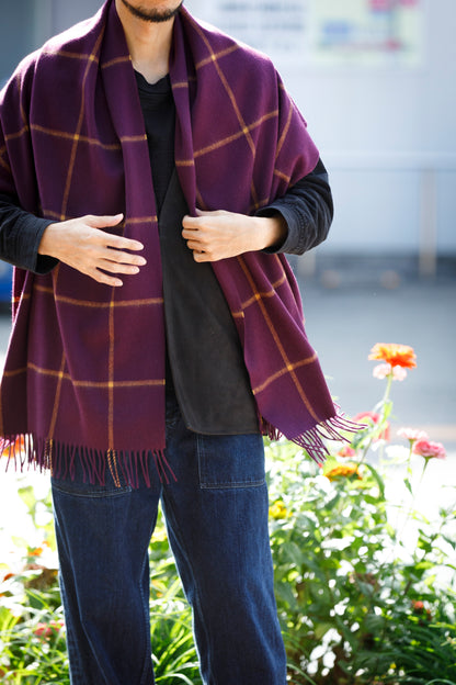 Joshua Ellis / Cashmere Window Pane Stole 70×190 - Plum / Gold(CPG 51224)
