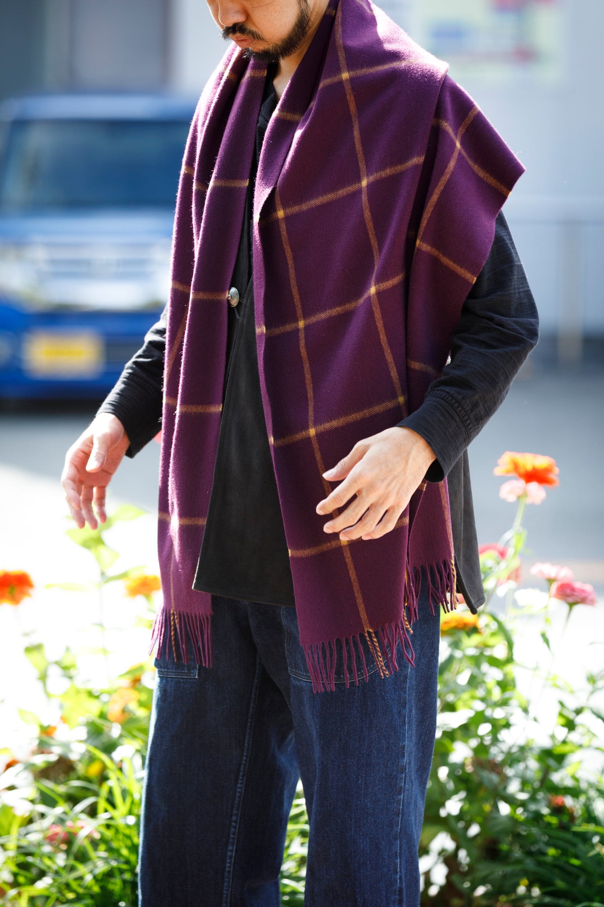 Joshua Ellis / Cashmere Window Pane Stole 70×190 - Plum / Gold(CPG 51224)