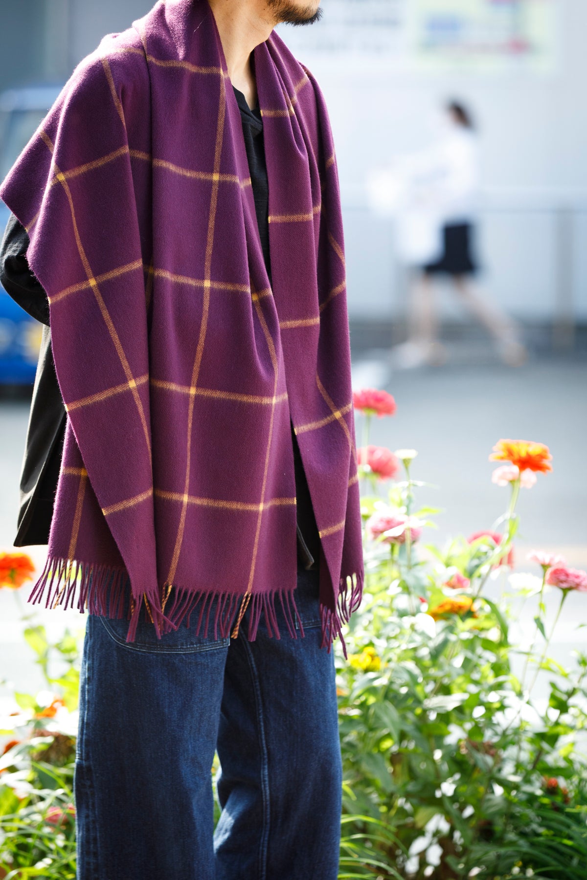 Joshua Ellis / Cashmere Window Pane Stole 70×190 - Plum / Gold(CPG 51224)