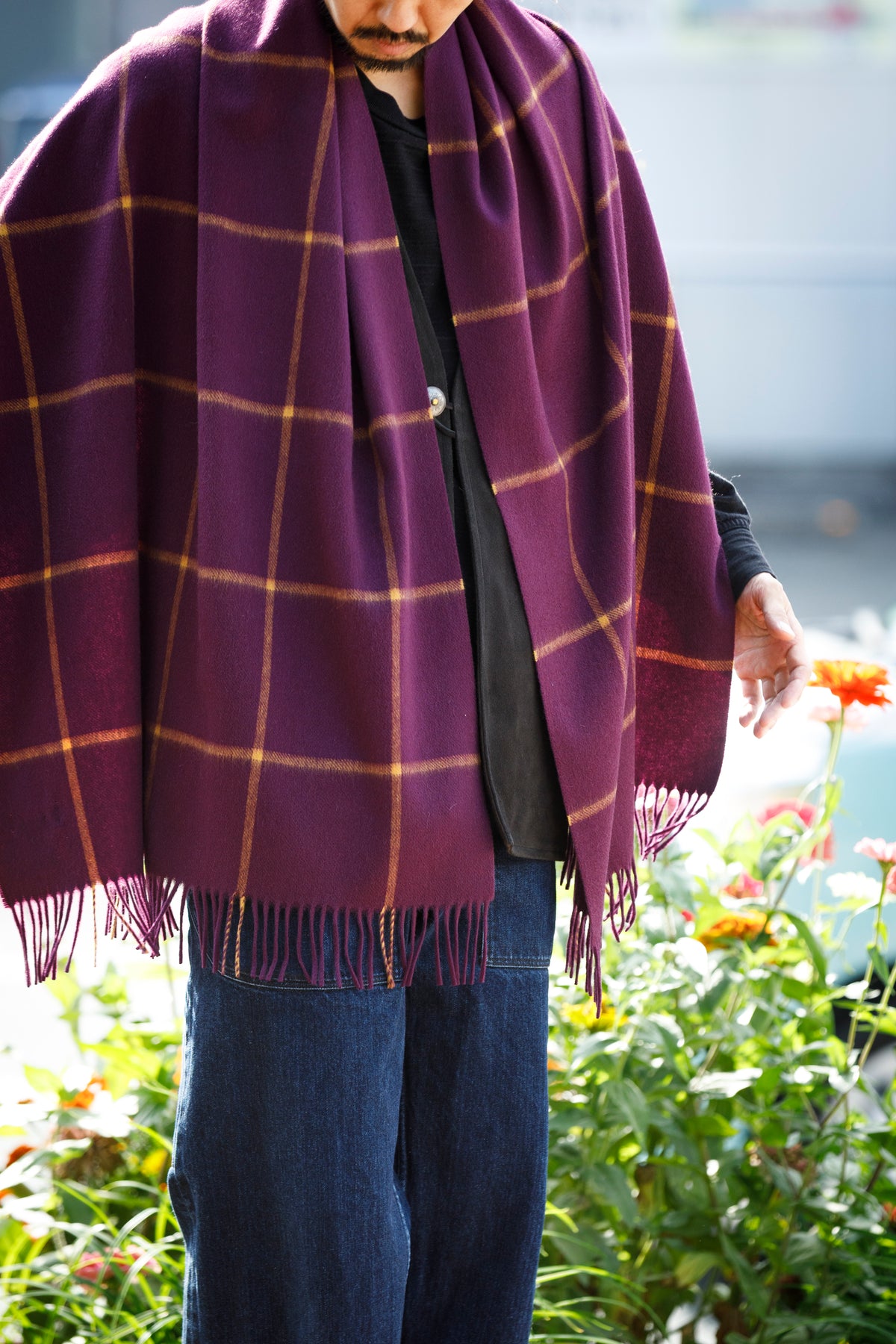 Joshua Ellis / Cashmere Window Pane Stole 70×190 - Plum / Gold(CPG 51224)