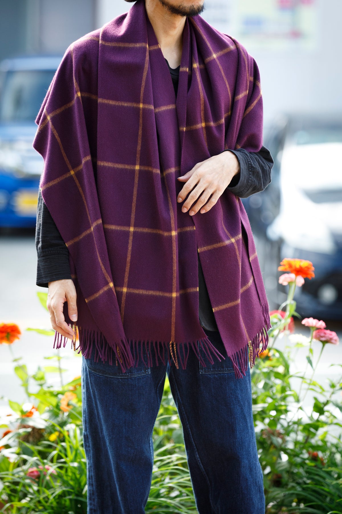 Joshua Ellis / Cashmere Window Pane Stole 70×190 - Plum / Gold(CPG 51224)