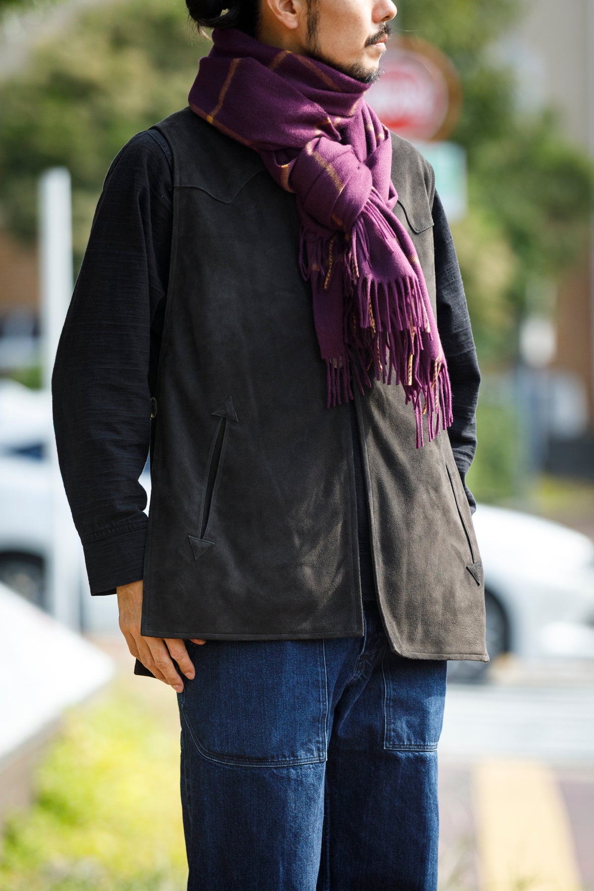 Joshua Ellis / Cashmere Window Pane Stole 70×190 - Plum / Gold(CPG 51224)