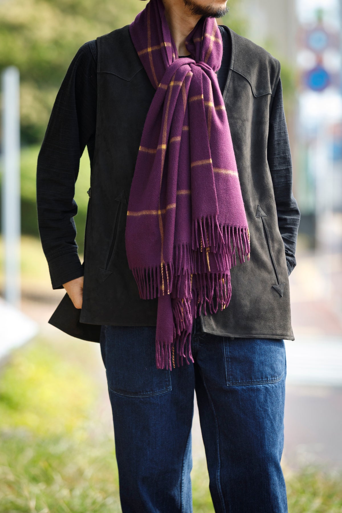 Joshua Ellis / Cashmere Window Pane Stole 70×190 - Plum / Gold(CPG 51224)