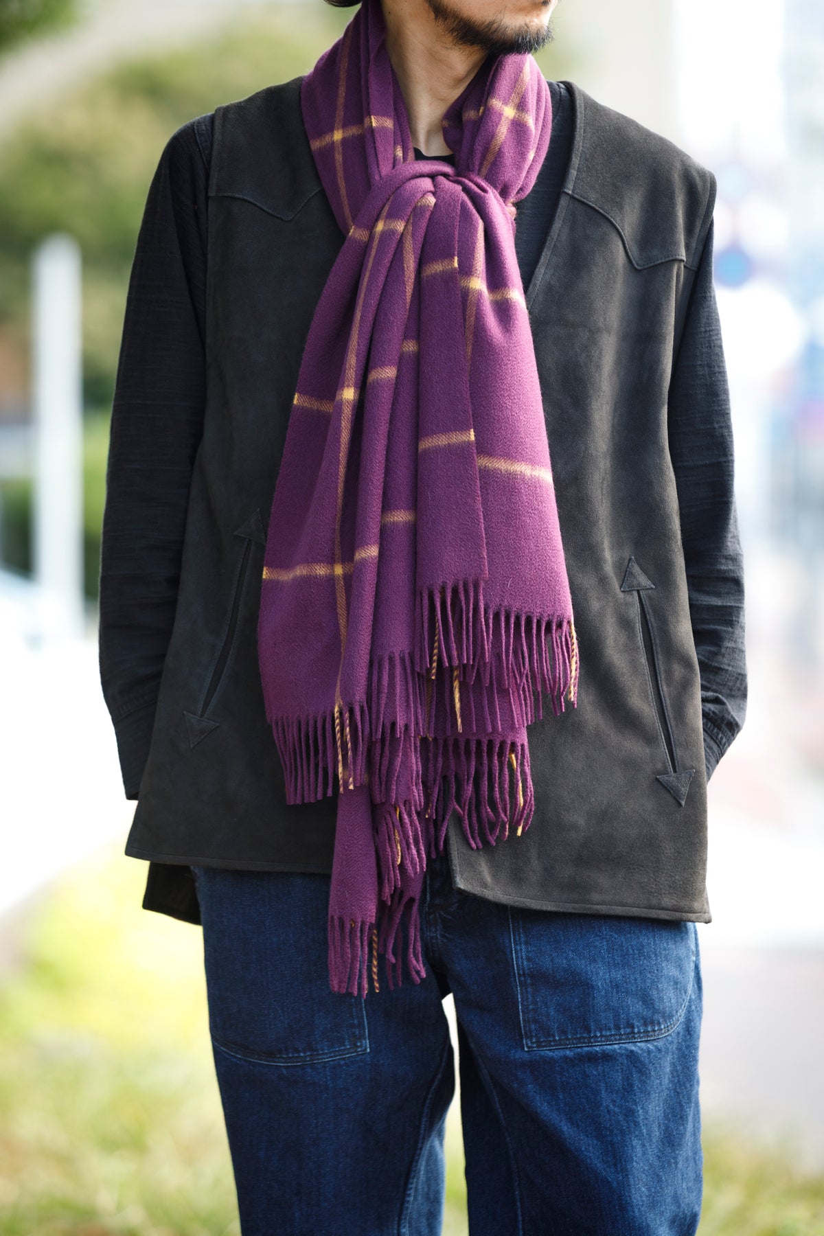 Joshua Ellis / Cashmere Window Pane Stole 70×190 - Plum / Gold(CPG 51224)