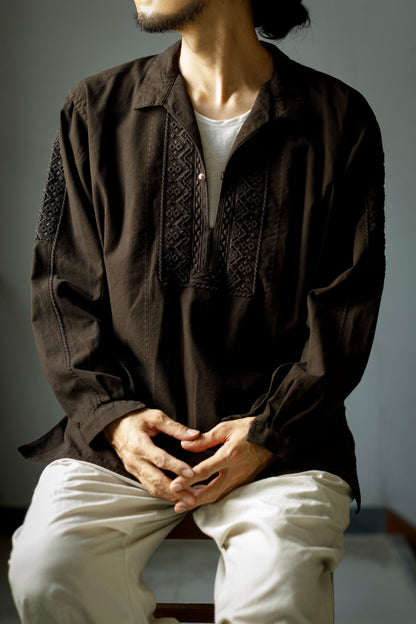 SARTO / COTTON CHANMBRAY EMBROIGERY SHIRT - DARK BROWN