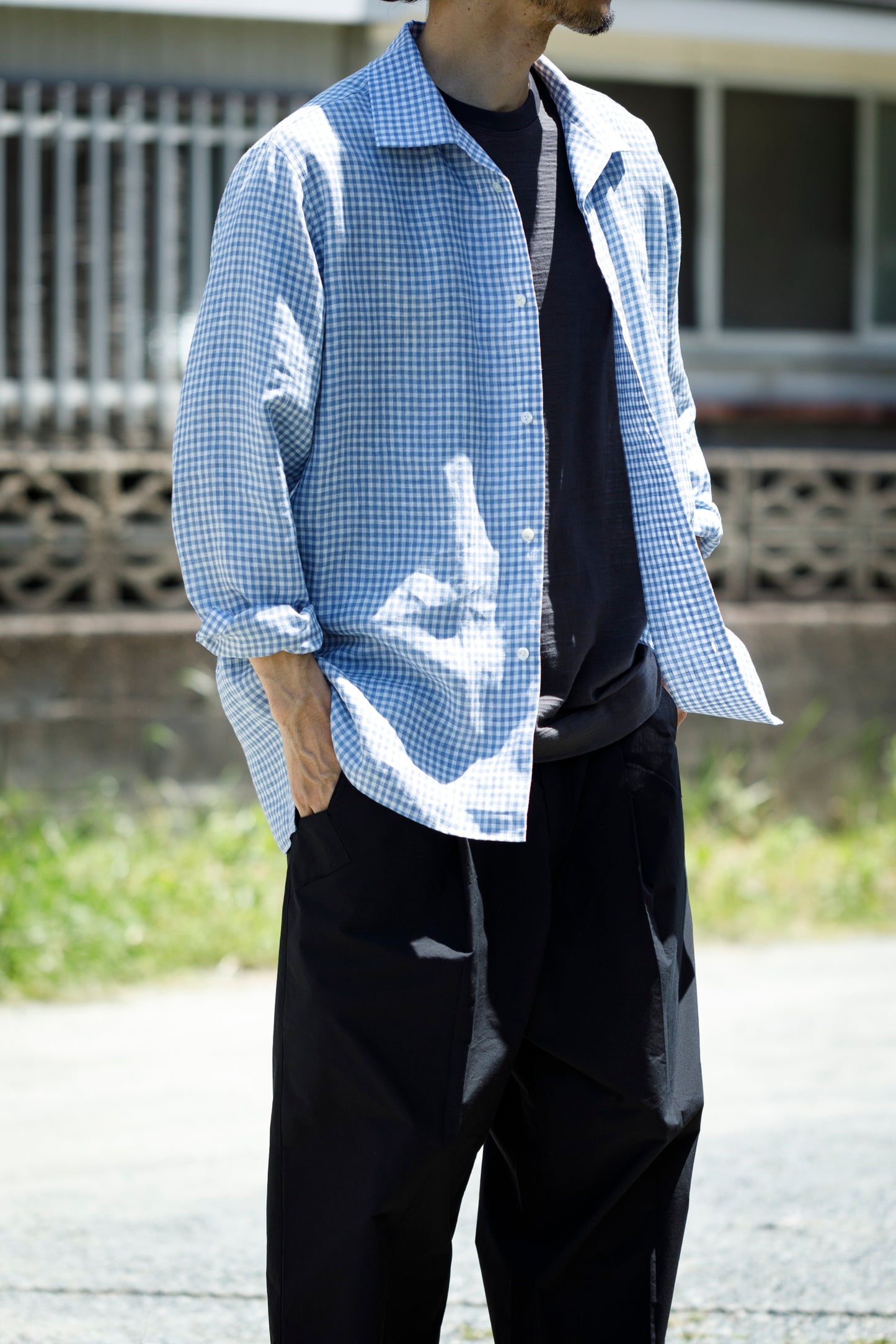 KIMURA / Whole oblong collar shirt L/S _ Albini linen - GINGHAM