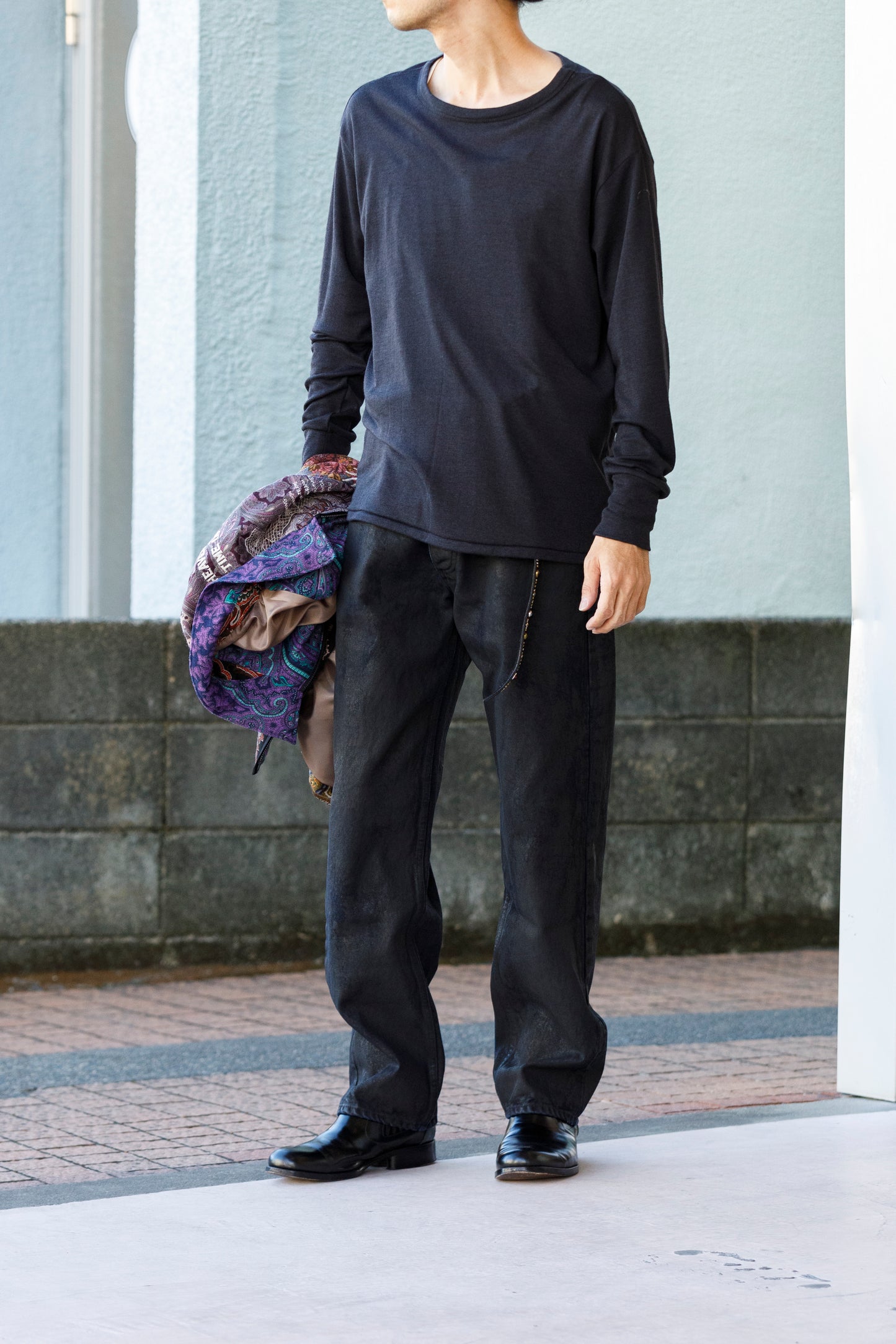 Nikki ESSENTIAL PIECE /  Wool Silk Fraise Stitch Jersey Crewneck(Unisex) - Chacoal