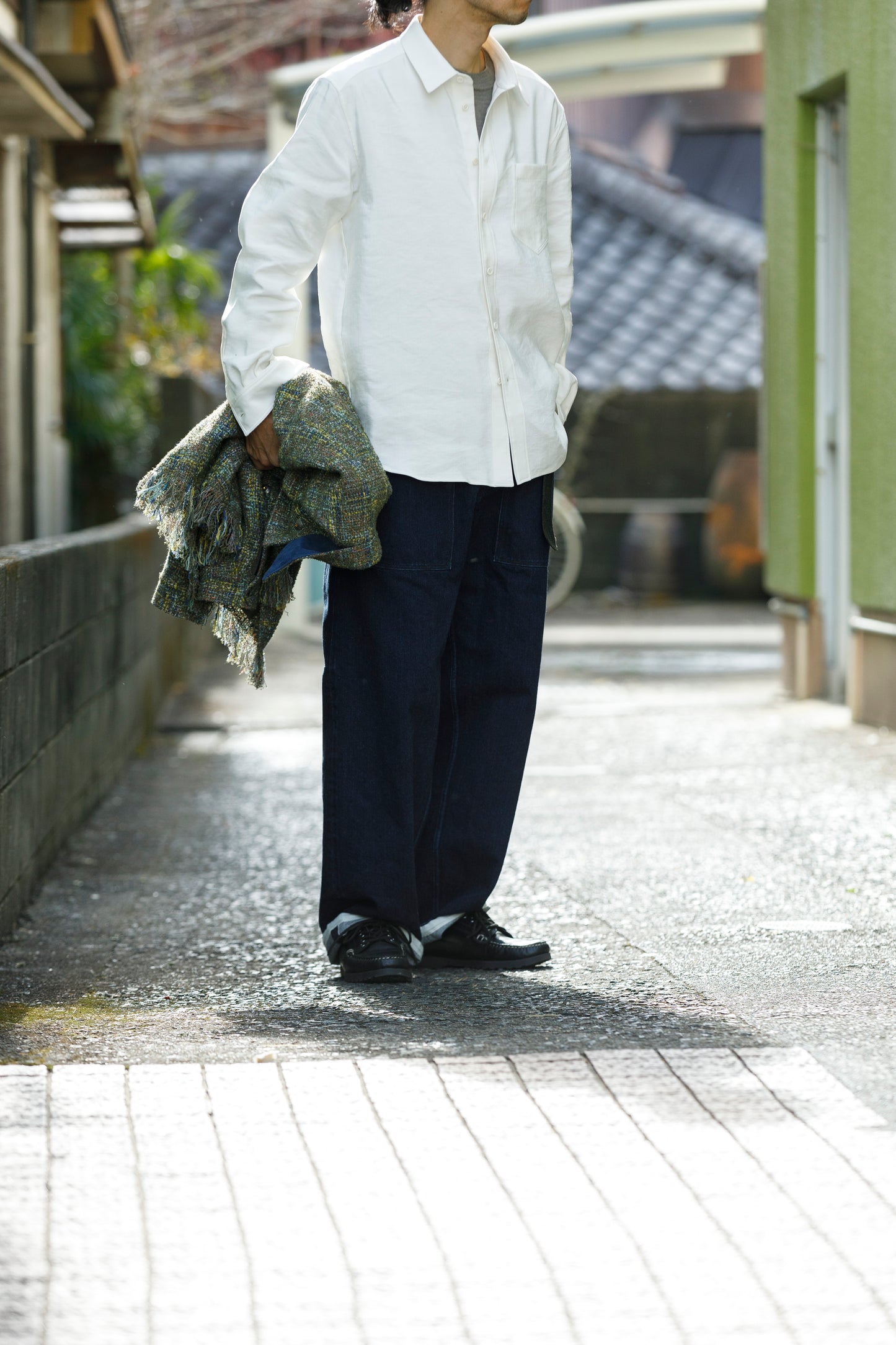 山内 / 26143-sili / ビンテージシルクリネン・ダブルステッチシャツ - off white