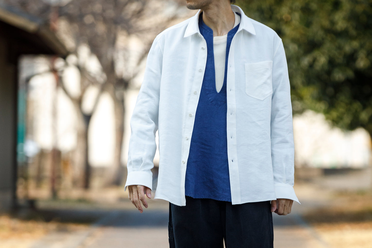 山内 / 26143-sili / ビンテージシルクリネン・ダブルステッチシャツ - off white