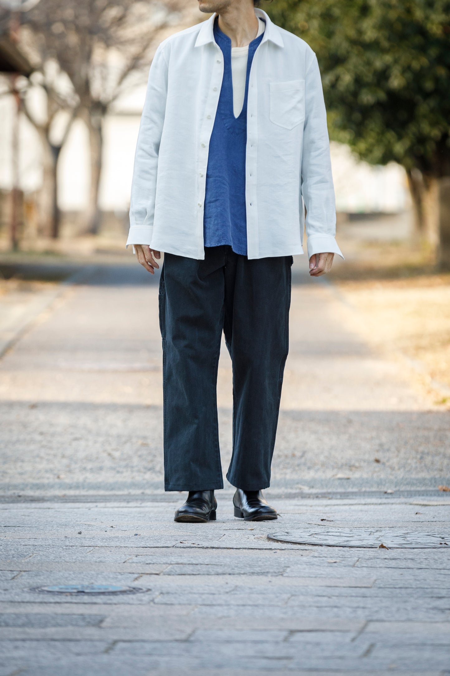 山内 / 26143-sili / ビンテージシルクリネン・ダブルステッチシャツ - off white