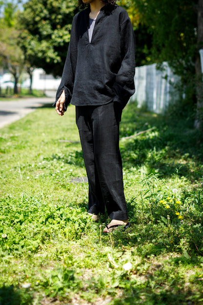 山内 / yc70-261-sili ビンテージシルクリネン・ワンカットイージーパンツ - sumi kuro