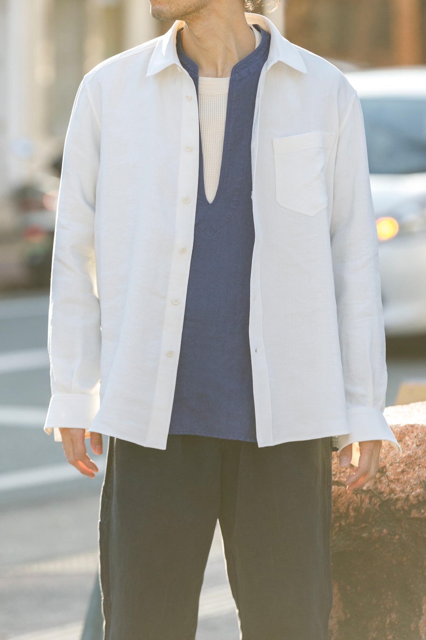 山内 / 26143-sili / ビンテージシルクリネン・ダブルステッチシャツ - off white