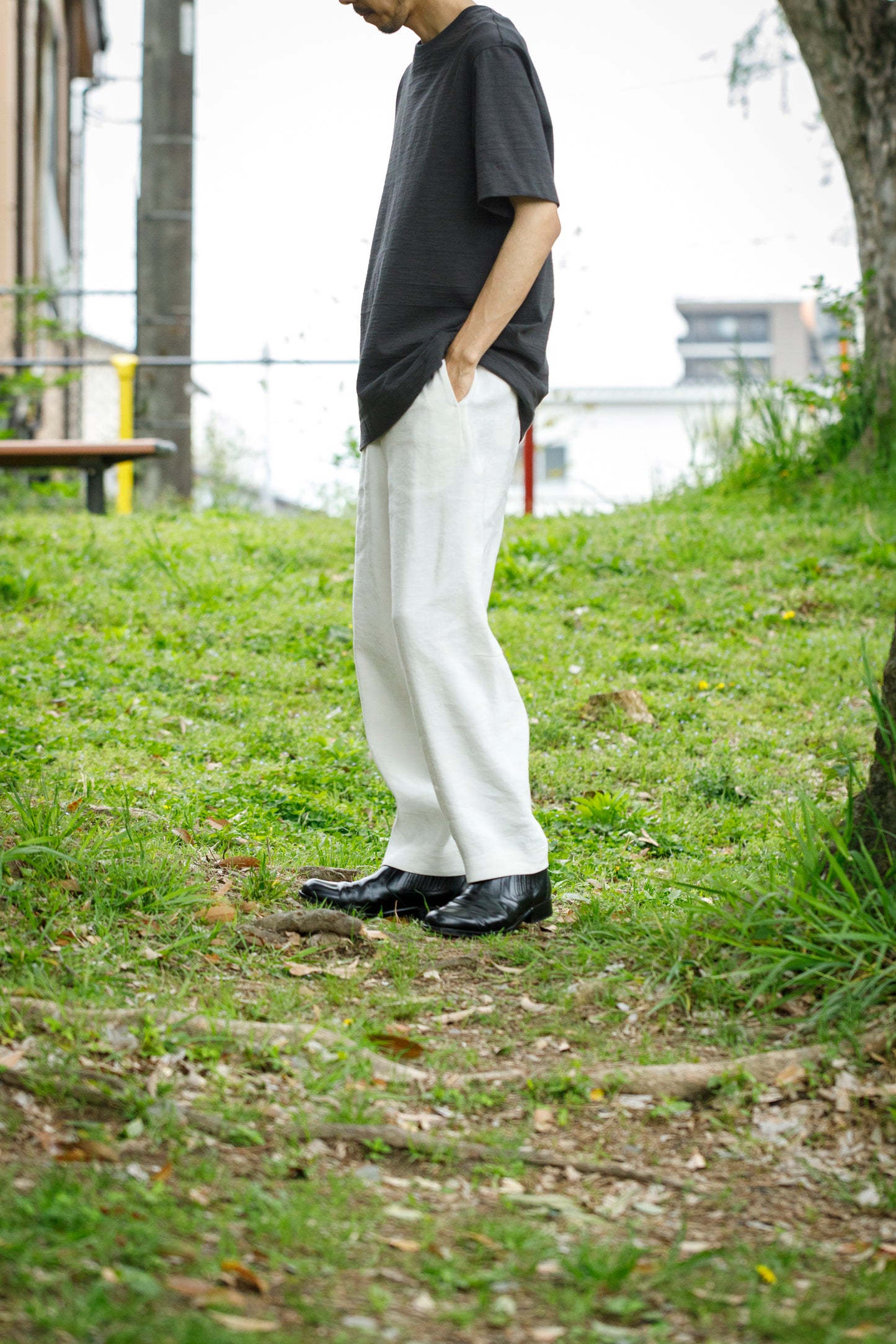 山内 / yc70-261-sili ビンテージシルクリネン・ワンカットイージーパンツ - off white