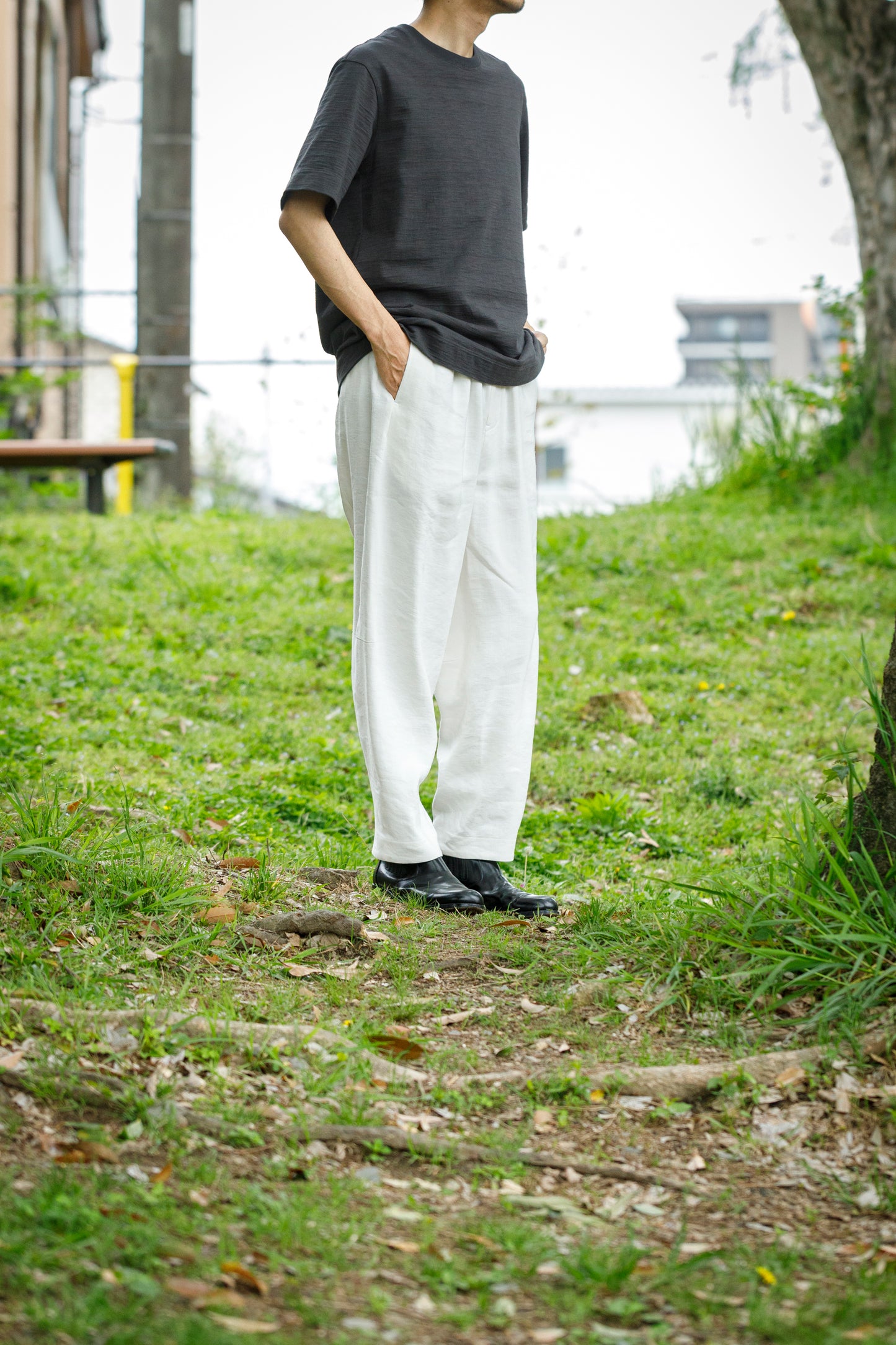 山内 / yc70-261-sili ビンテージシルクリネン・ワンカットイージーパンツ - off white