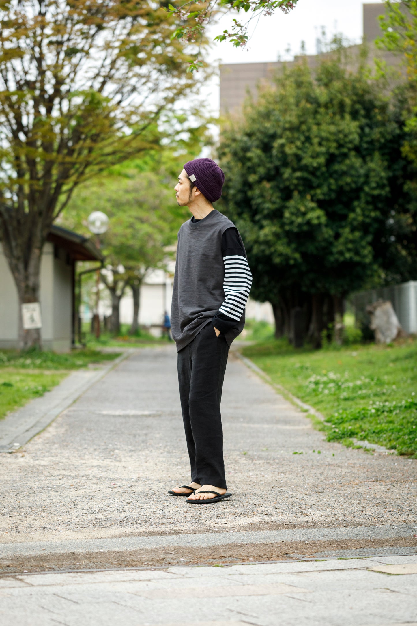 山内 / yc70-261-sili ビンテージシルクリネン・ワンカットイージーパンツ - sumi kuro